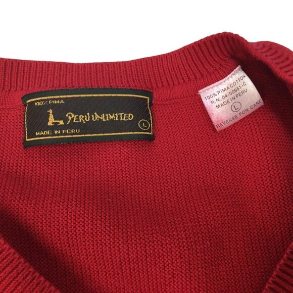 Peru Unlimited Men's V Neck Sweater Pima Cotton Size Large Red Long Sleeve - Picture 6 of 7